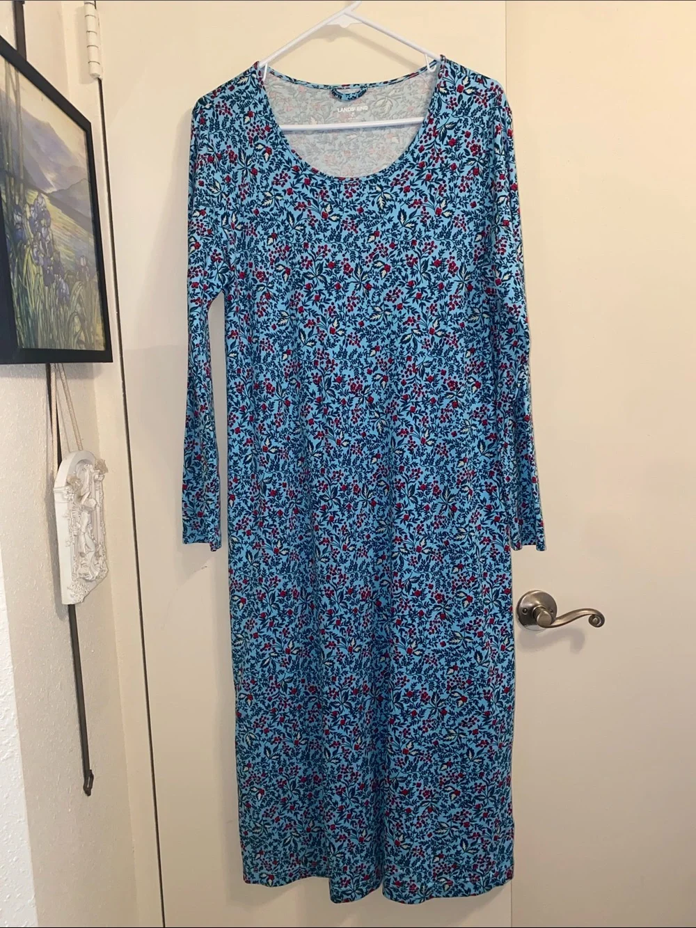 Lands’ End Blue Floral Cotton Nightgown Long Sleeve Sleep Dress M - Picture 4 of 14